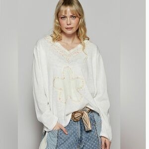 POL White Long Sleeve Top with Floral and Lace Detail